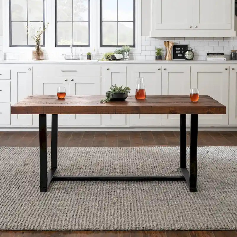 Table de salle à manger rustique en pin massif avec piétement tréteau en métal noir