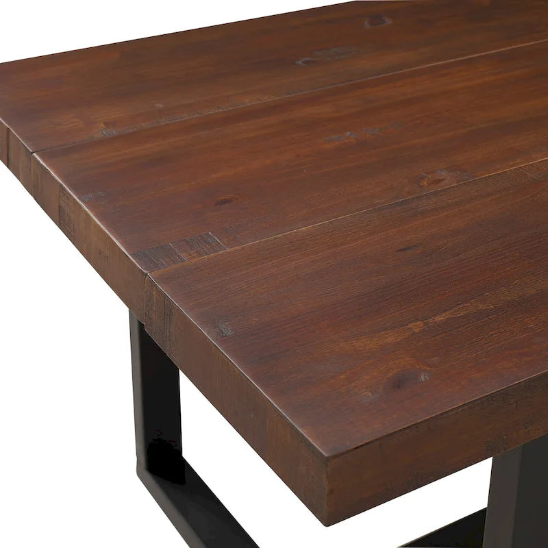 Table de salle à manger rustique en pin massif avec piétement tréteau en métal noir