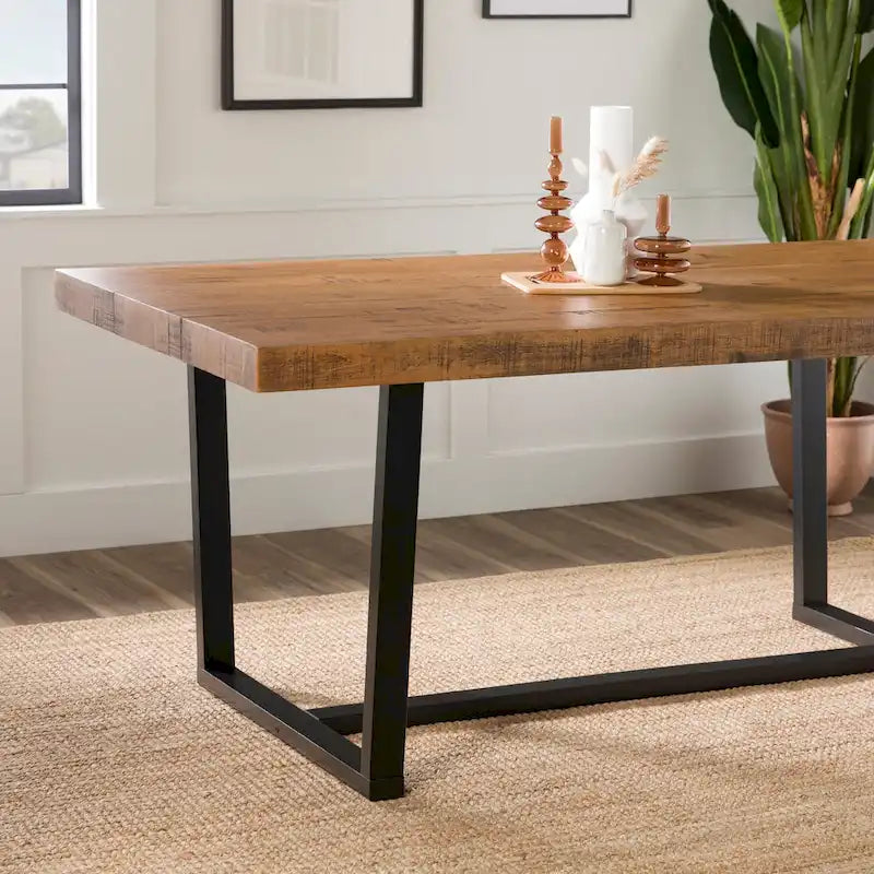 Table de salle à manger rustique en pin massif avec piétement tréteau en métal noir