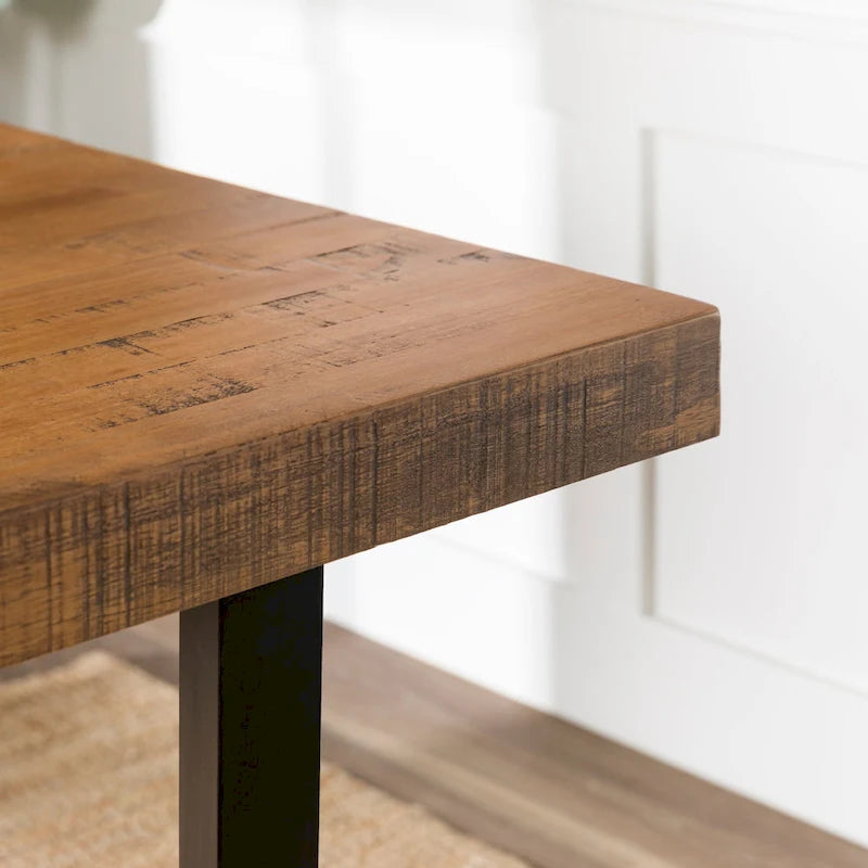Table de salle à manger rustique en pin massif avec piétement tréteau en métal noir