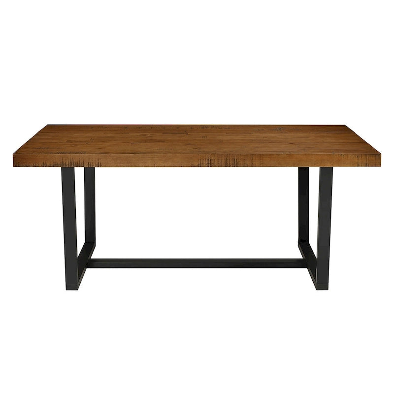 Table de salle à manger rustique en pin massif avec piétement tréteau en métal noir