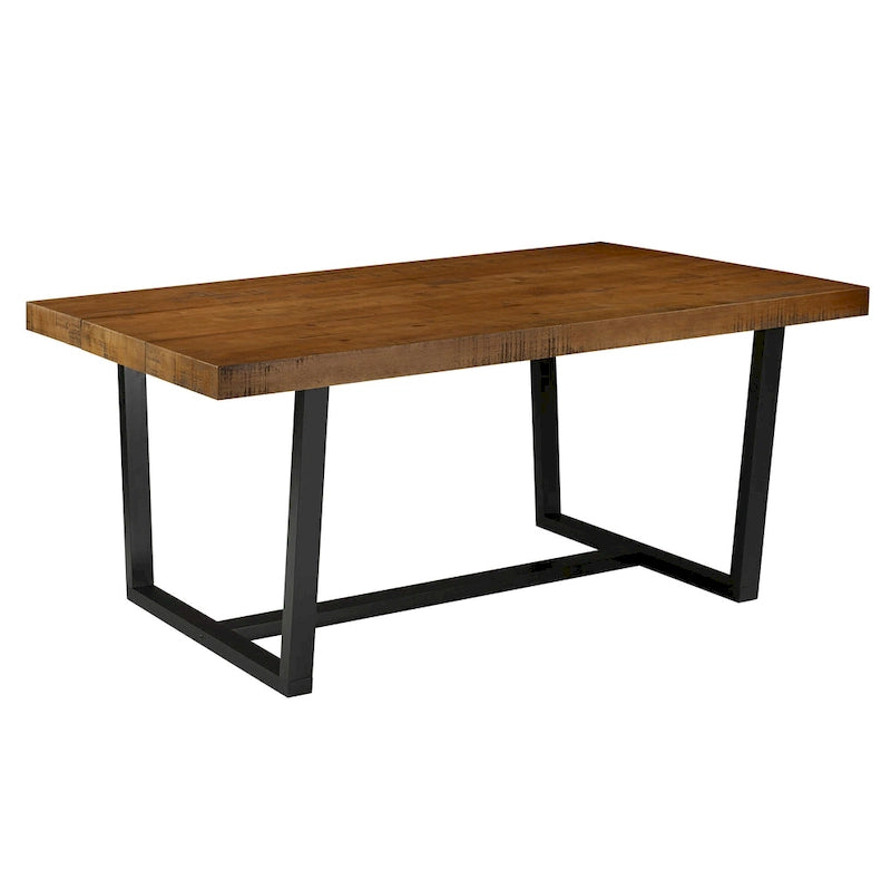 Table de salle à manger rustique en pin massif avec piétement tréteau en métal noir