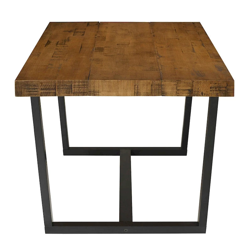 Table de salle à manger rustique en pin massif avec piétement tréteau en métal noir