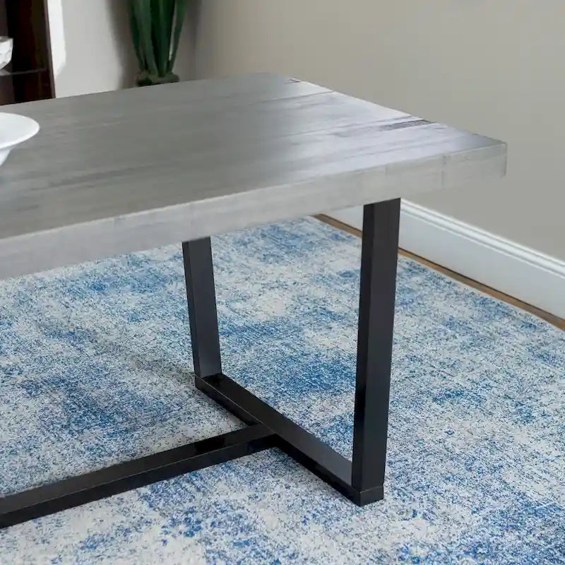 Table de salle à manger rustique en pin massif avec piétement tréteau en métal noir