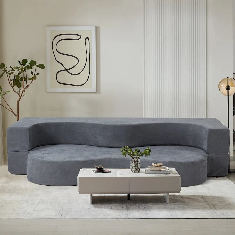 Canapé-lit pliable en mousse haute densité en velours glacé gris et gris clair