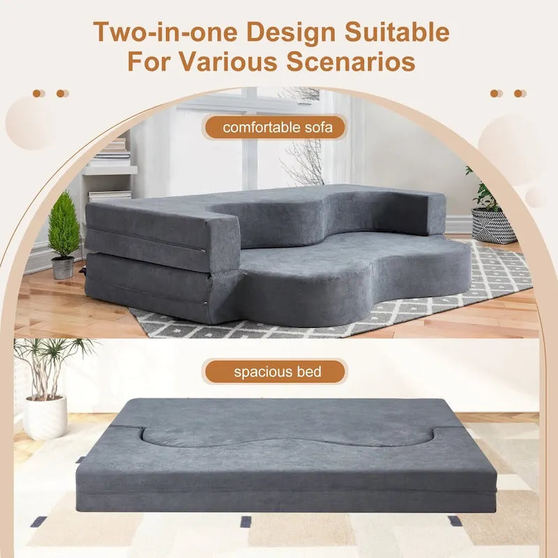 Canapé-lit pliable en mousse haute densité en velours glacé gris et gris clair