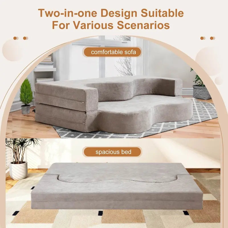 Canapé-lit pliable en mousse haute densité en velours glacé gris et gris clair