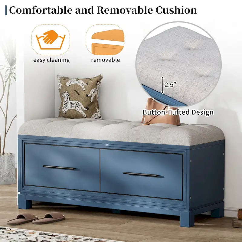 Banc de rangement capitonné avec coussin amovible et couvercle relevable