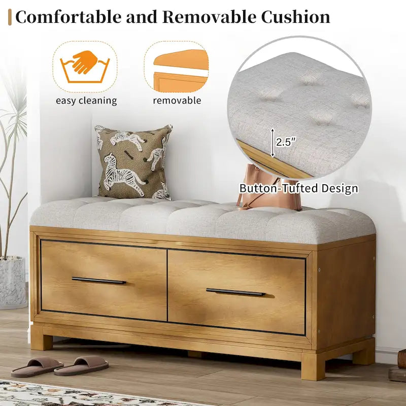 Banc de rangement capitonné avec coussin amovible et couvercle relevable