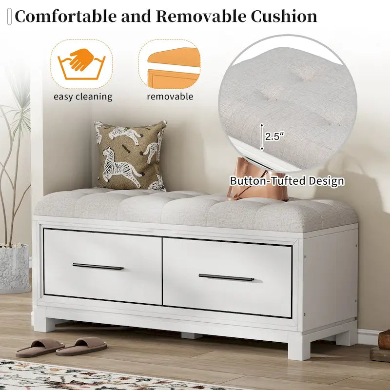 Banc de rangement capitonné avec coussin amovible et couvercle relevable