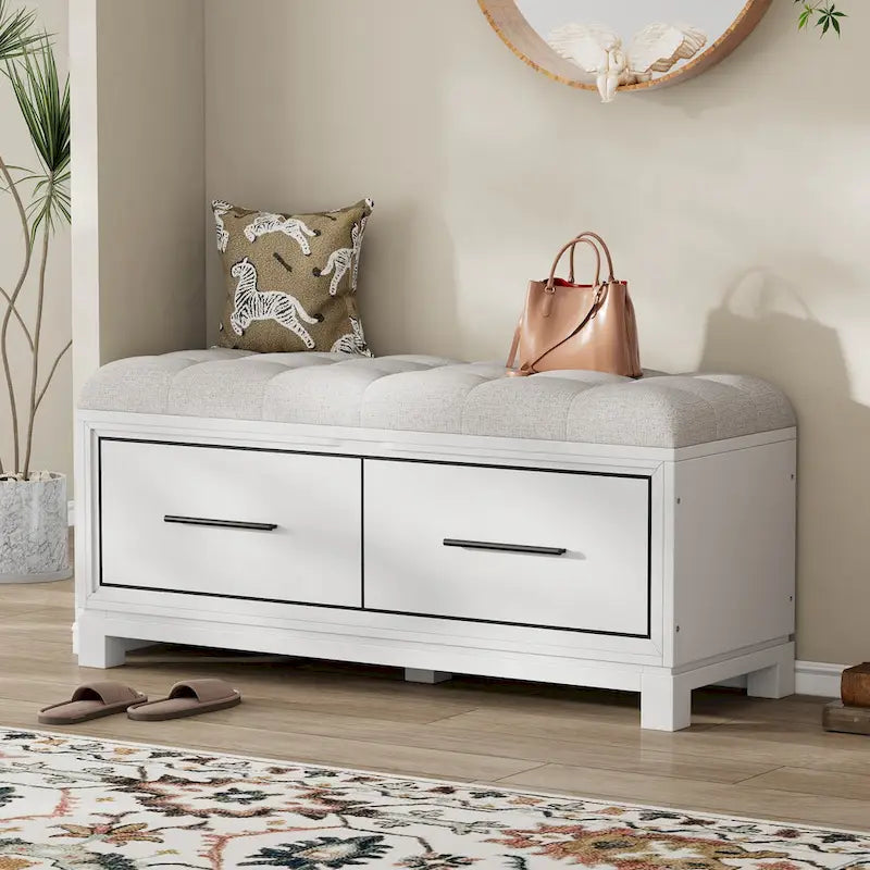 Banc de rangement capitonné avec coussin amovible et couvercle relevable