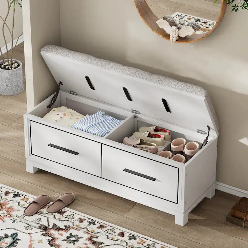 Banc de rangement capitonné avec coussin amovible et couvercle relevable