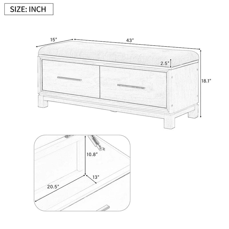 Banc de rangement capitonné avec coussin amovible et couvercle relevable