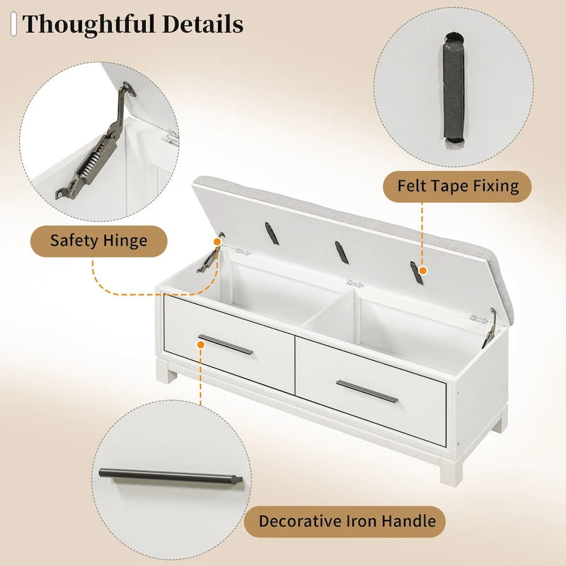 Banc de rangement capitonné avec coussin amovible et couvercle relevable