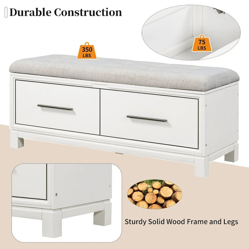 Banc de rangement capitonné avec coussin amovible et couvercle relevable