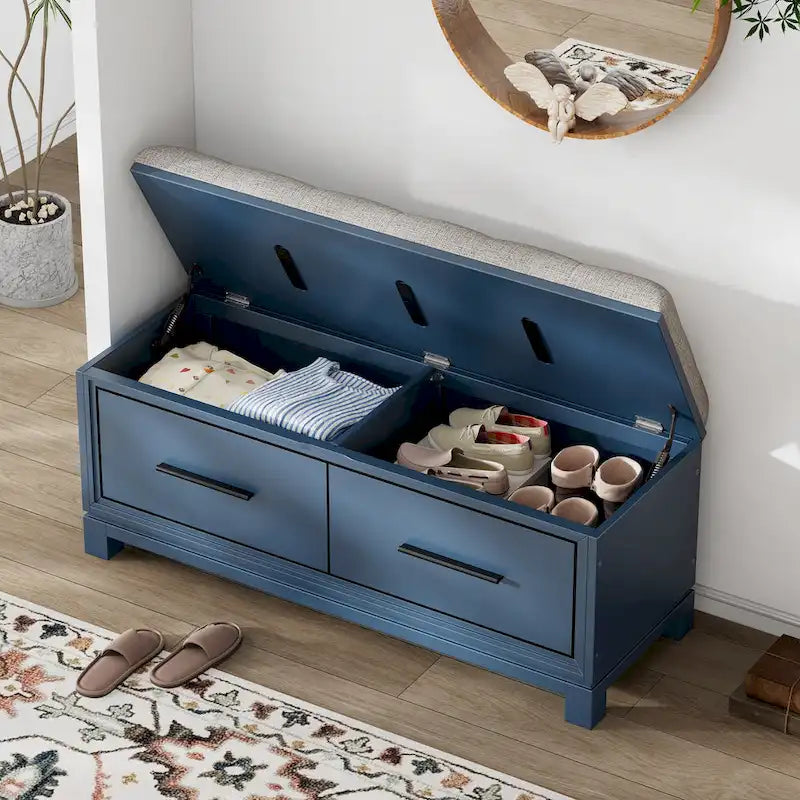 Banc de rangement capitonné avec coussin amovible et couvercle relevable
