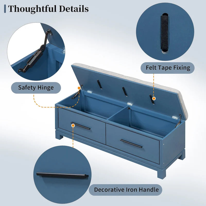 Banc de rangement capitonné avec coussin amovible et couvercle relevable