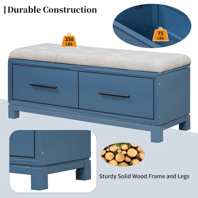 Banc de rangement capitonné avec coussin amovible et couvercle relevable