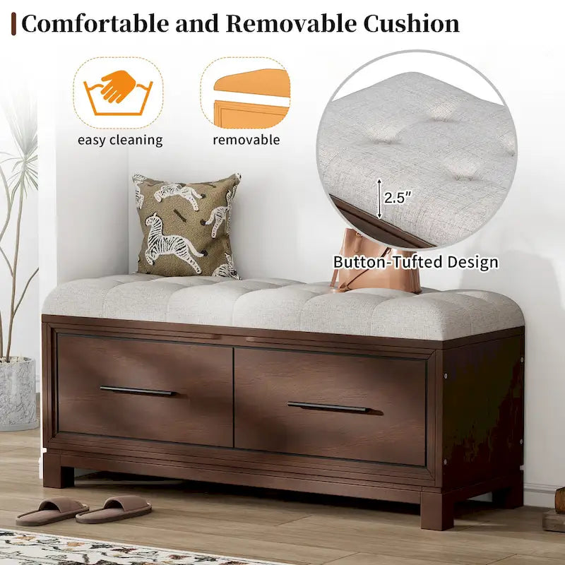 Banc de rangement capitonné avec coussin amovible et couvercle relevable
