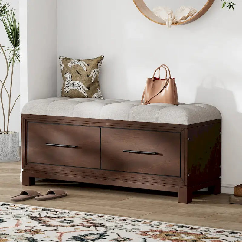 Banc de rangement capitonné avec coussin amovible et couvercle relevable