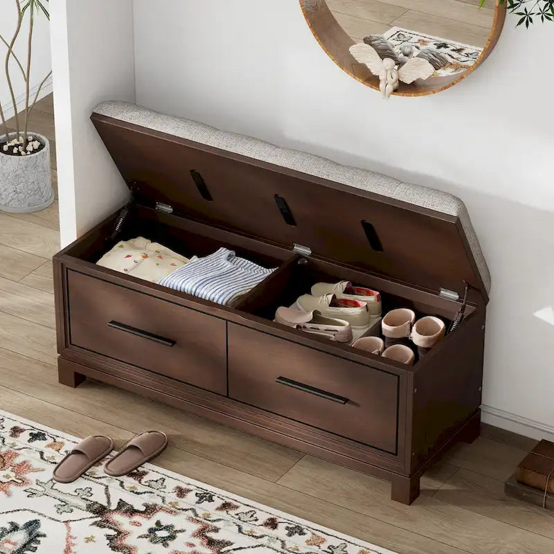 Banc de rangement capitonné avec coussin amovible et couvercle relevable