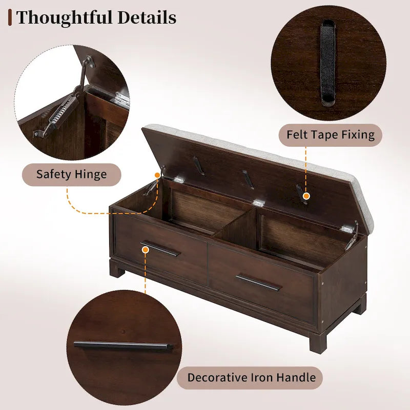 Banc de rangement capitonné avec coussin amovible et couvercle relevable