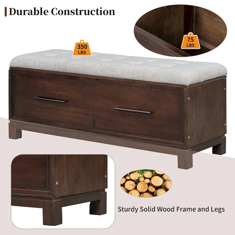 Banc de rangement capitonné avec coussin amovible et couvercle relevable