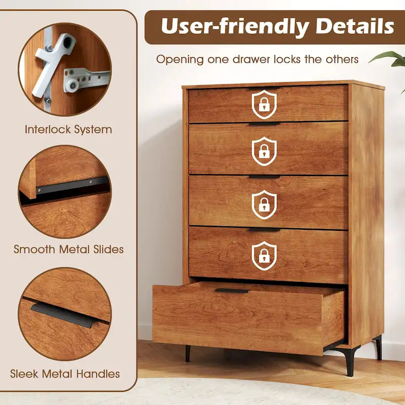 Commode à 5 tiroirs avec système de verrouillage et glissières métalliques lisses marron