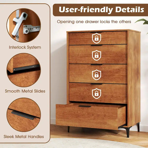 Commode à 5 tiroirs avec système de verrouillage et glissières métalliques lisses marron