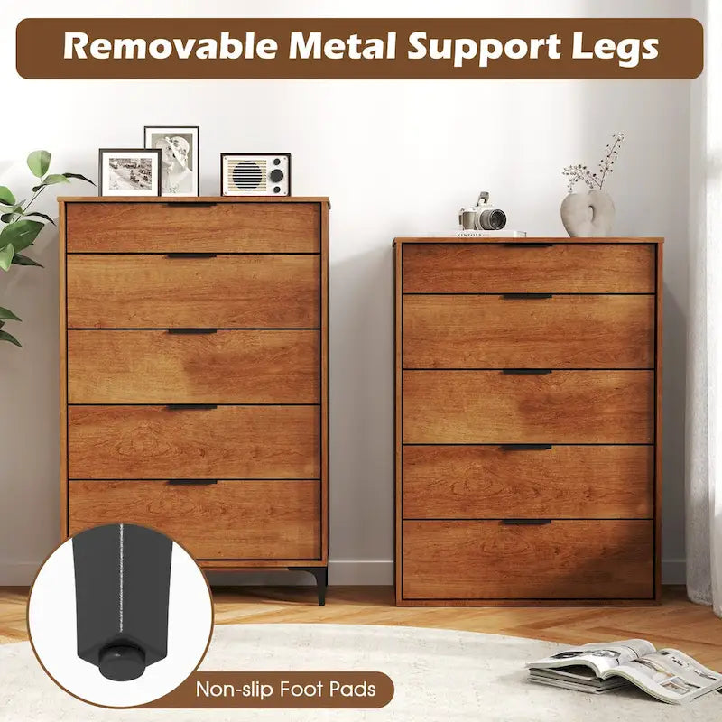 Commode à 5 tiroirs avec système de verrouillage et glissières métalliques lisses marron