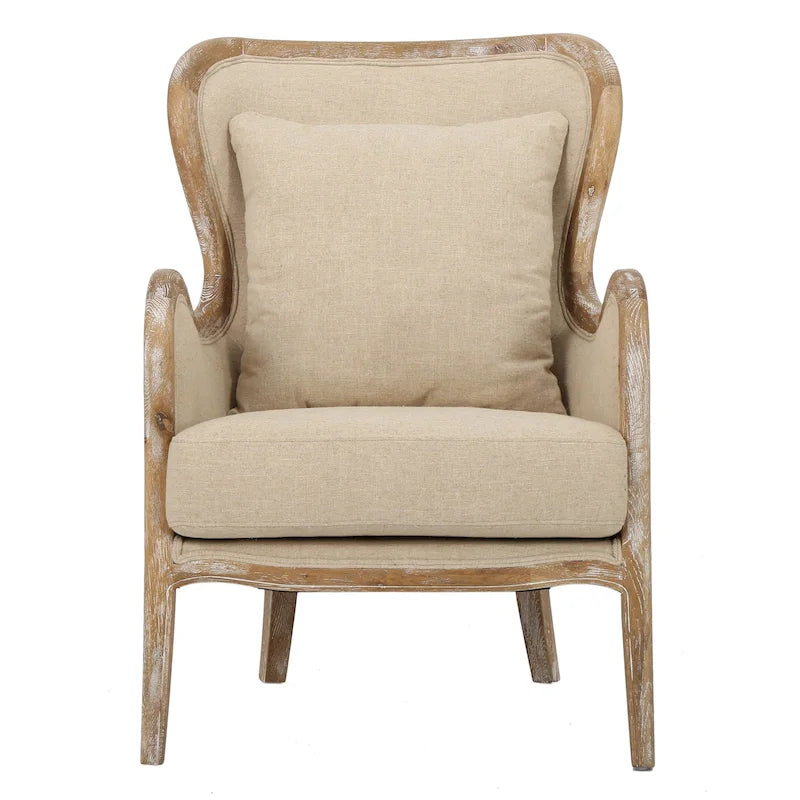 Fauteuil d'appoint haut de gamme en tissu beige avec cadre en bois de chêne