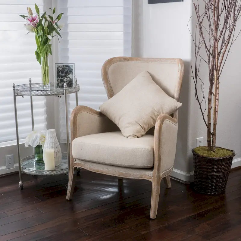 Fauteuil d'appoint haut de gamme en tissu beige avec cadre en bois de chêne