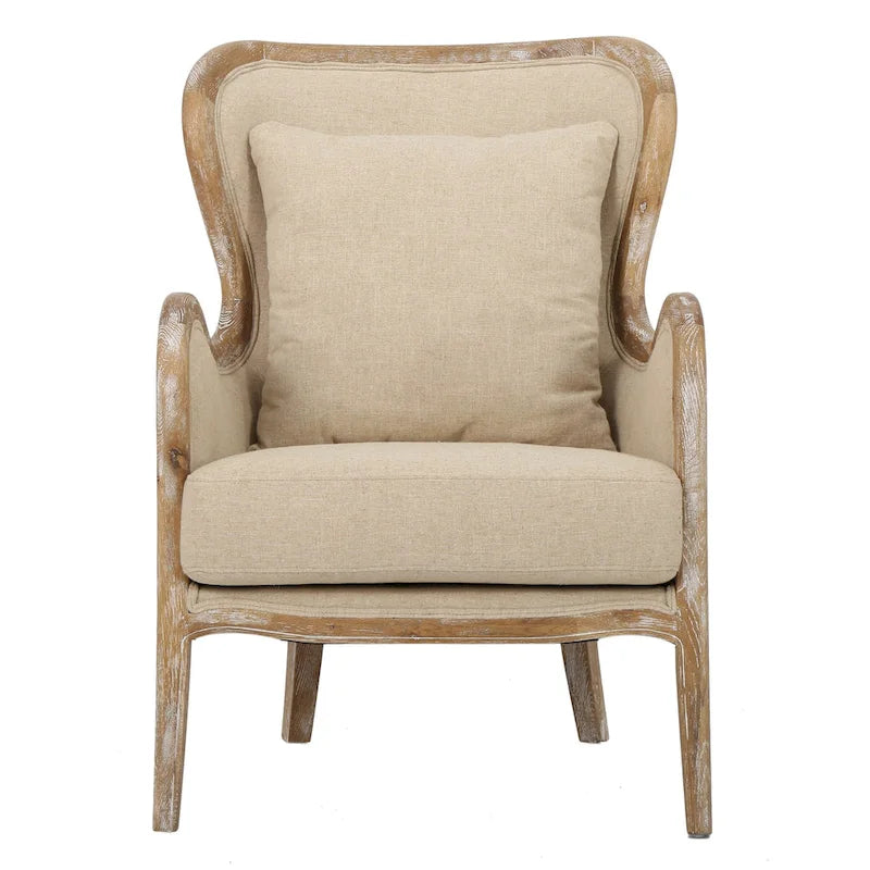 Fauteuil d'appoint haut de gamme en tissu beige avec cadre en bois de chêne