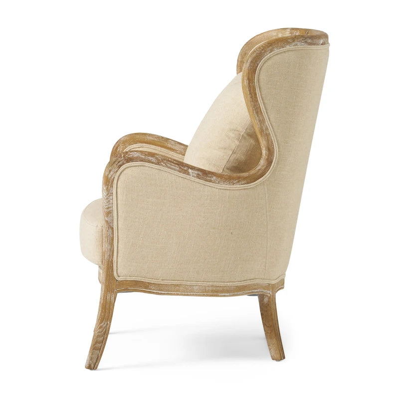 Fauteuil d'appoint haut de gamme en tissu beige avec cadre en bois de chêne