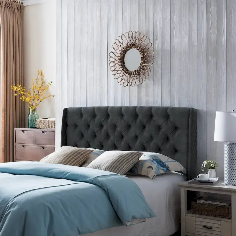Tête de lit Queen Size capitonnée en tissu beige à motifs de losanges