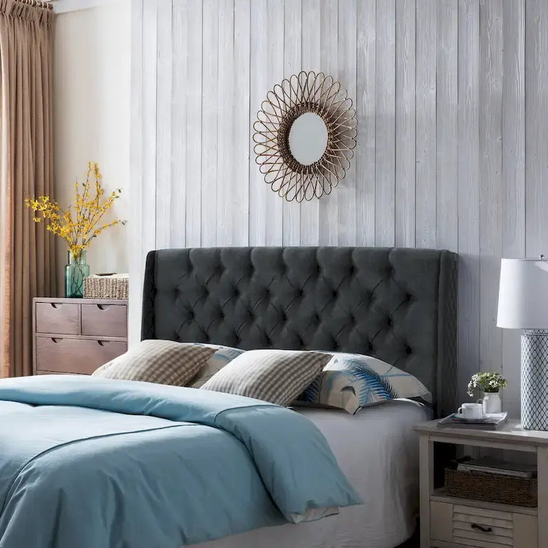Tête de lit Queen Size capitonnée en tissu beige à motifs de losanges