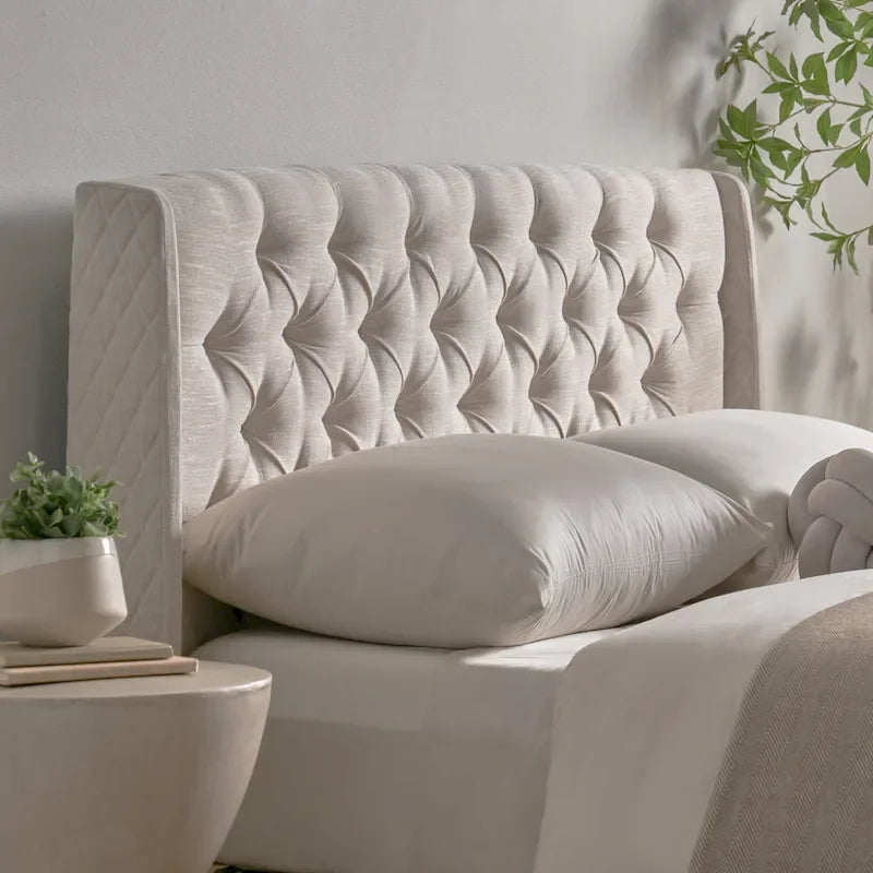 Tête de lit Queen Size capitonnée en tissu beige à motifs de losanges