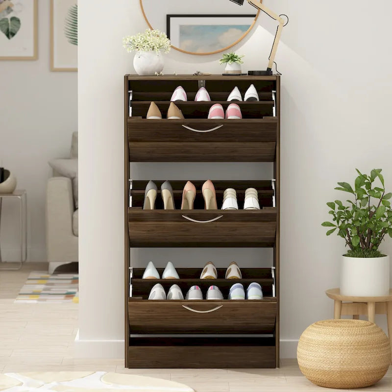 Meuble à chaussures à tiroirs basculants Organisateur de rangement d'entrée Bois Orange Gris Marron Blanc