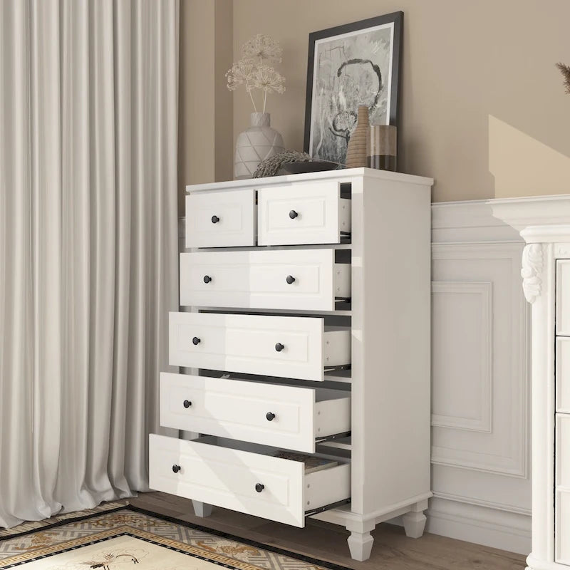 Commode blanche à 6 tiroirs avec poignées métalliques pour rangement de chambre à coucher