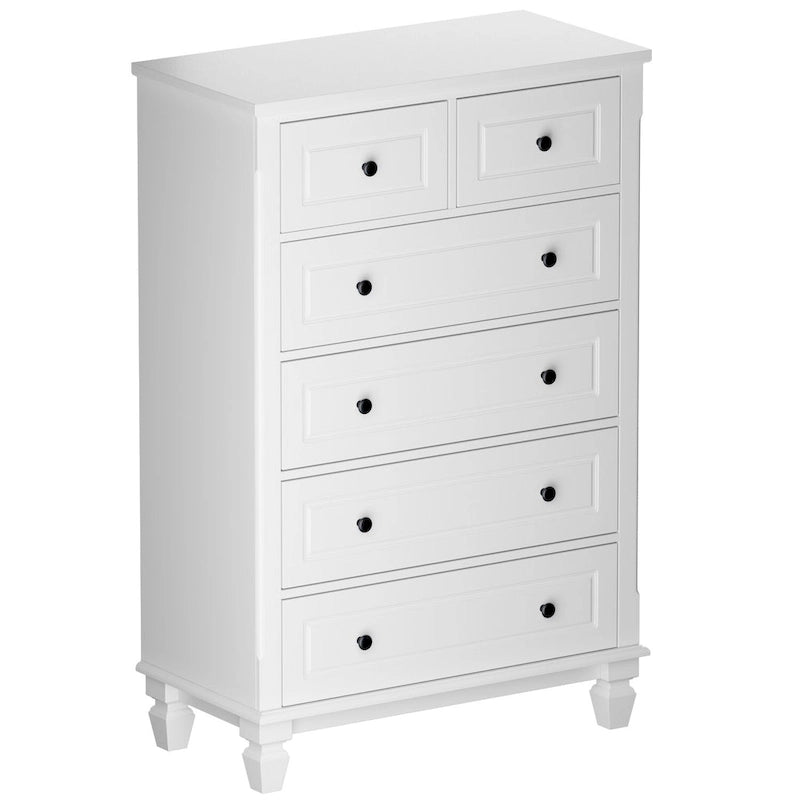 Commode blanche à 6 tiroirs avec poignées métalliques pour rangement de chambre à coucher