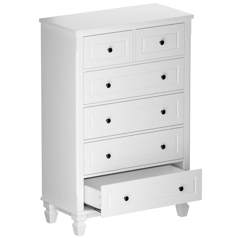 Commode blanche à 6 tiroirs avec poignées métalliques pour rangement de chambre à coucher