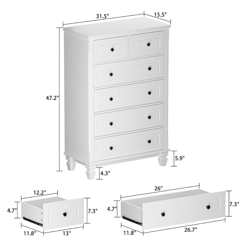Commode blanche à 6 tiroirs avec poignées métalliques pour rangement de chambre à coucher