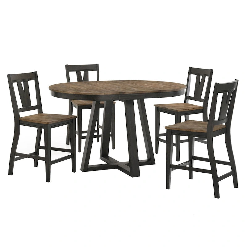 Table de comptoir ronde extensible avec piètement tréteau, brun brossé et pacanier
