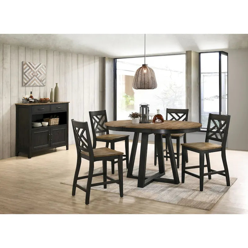 Table de comptoir ronde extensible avec piètement tréteau, brun brossé et pacanier