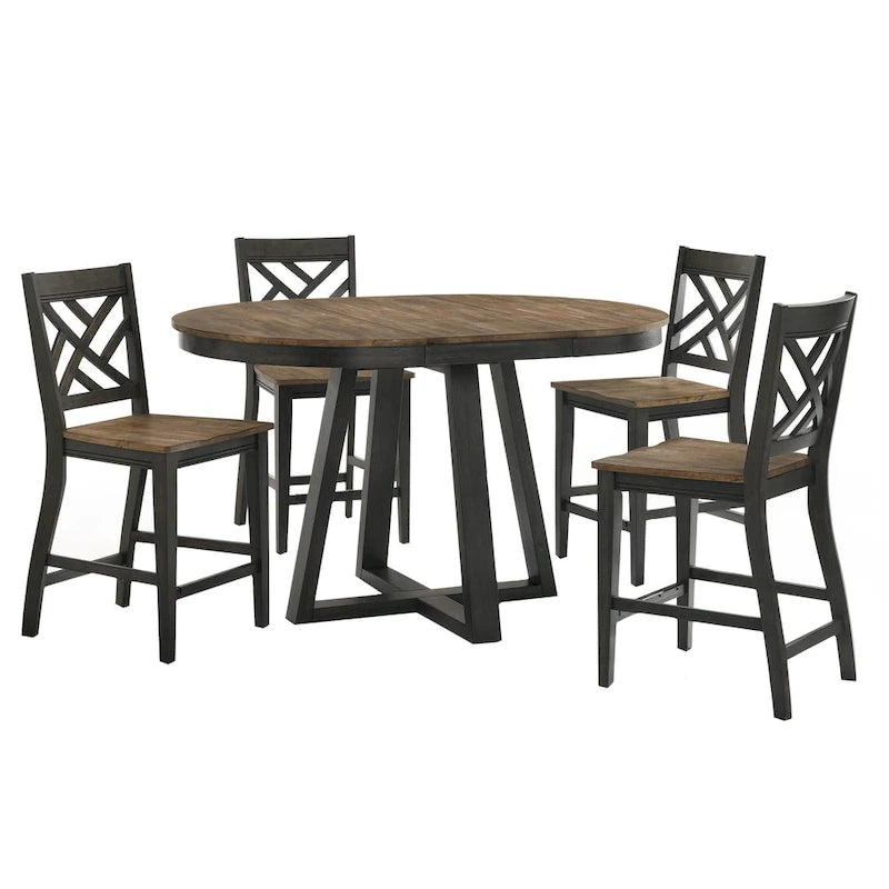 Table de comptoir ronde extensible avec piètement tréteau, brun brossé et pacanier
