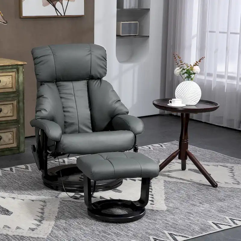 Fauteuil de relaxation en PU avec base pivotante et repose-pieds, gris et bleu