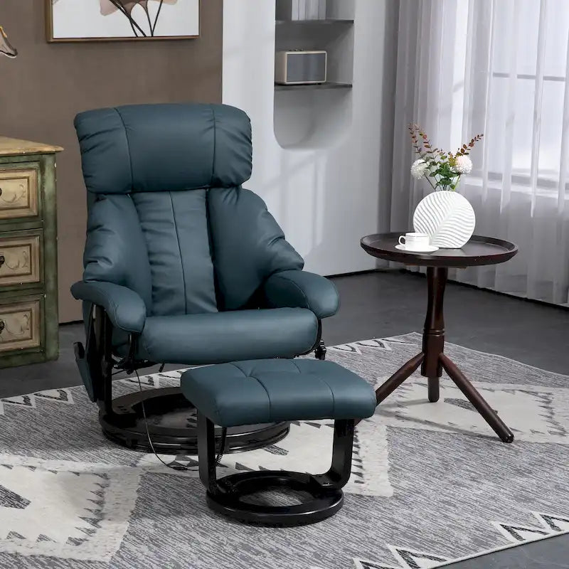 Fauteuil de relaxation en PU avec base pivotante et repose-pieds, gris et bleu