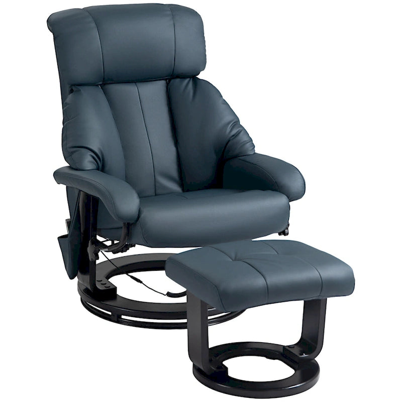 Fauteuil de relaxation en PU avec base pivotante et repose-pieds, gris et bleu