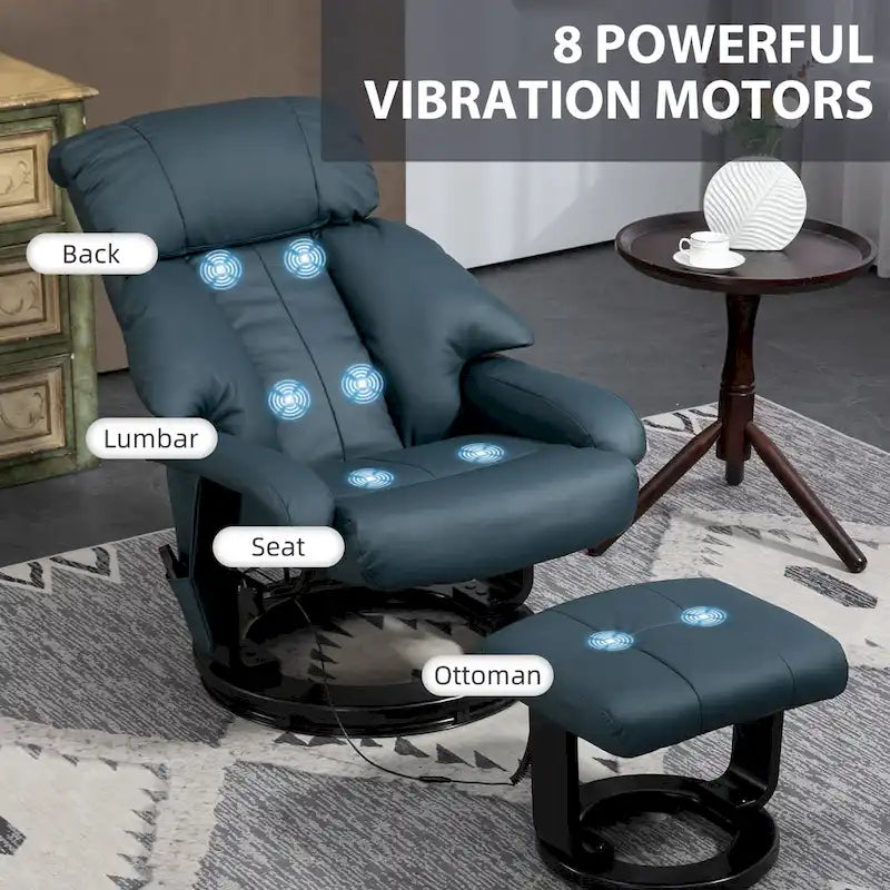 Fauteuil de relaxation en PU avec base pivotante et repose-pieds, gris et bleu