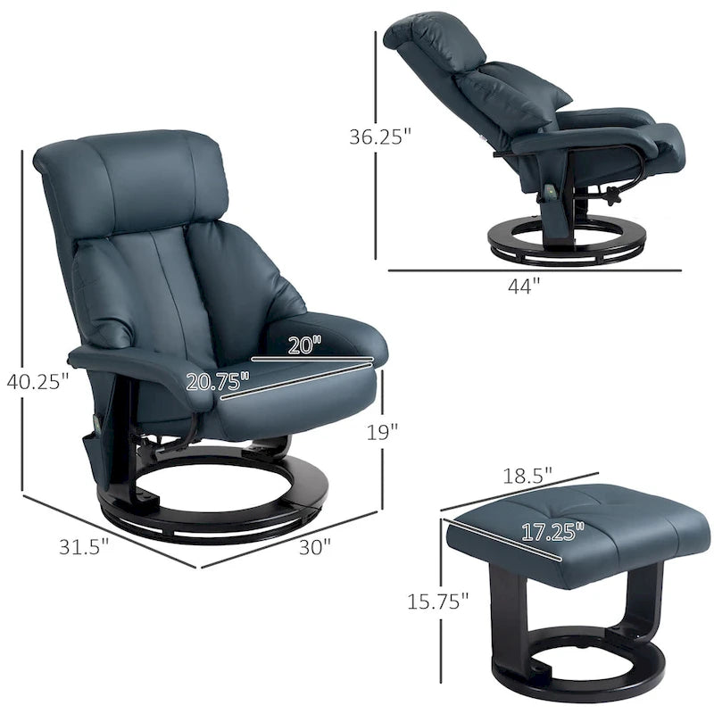 Fauteuil de relaxation en PU avec base pivotante et repose-pieds, gris et bleu